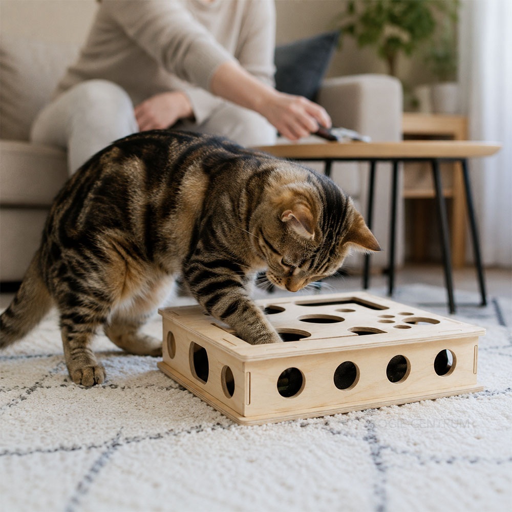 Kot bawi się drewnianą łamigłówką PawQuest na dywanie w salonie