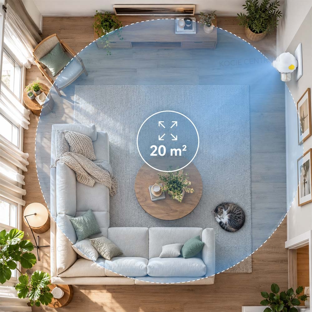 Rzut z góry na salon z zaznaczonym zasięgiem dyfuzora do 20 m²