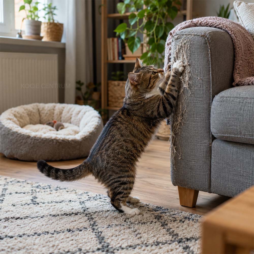 Kot drapie róg kanapy, w tle stoi pleciony kosz-legowisko