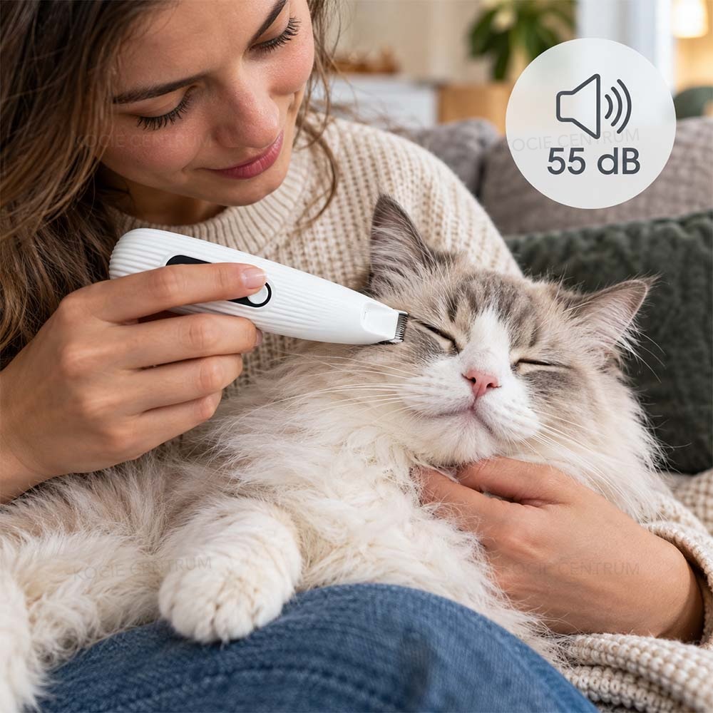 Kobieta przycina trymerem sierść przy pyszczku spokojnego kota, obok ikona 55 dB