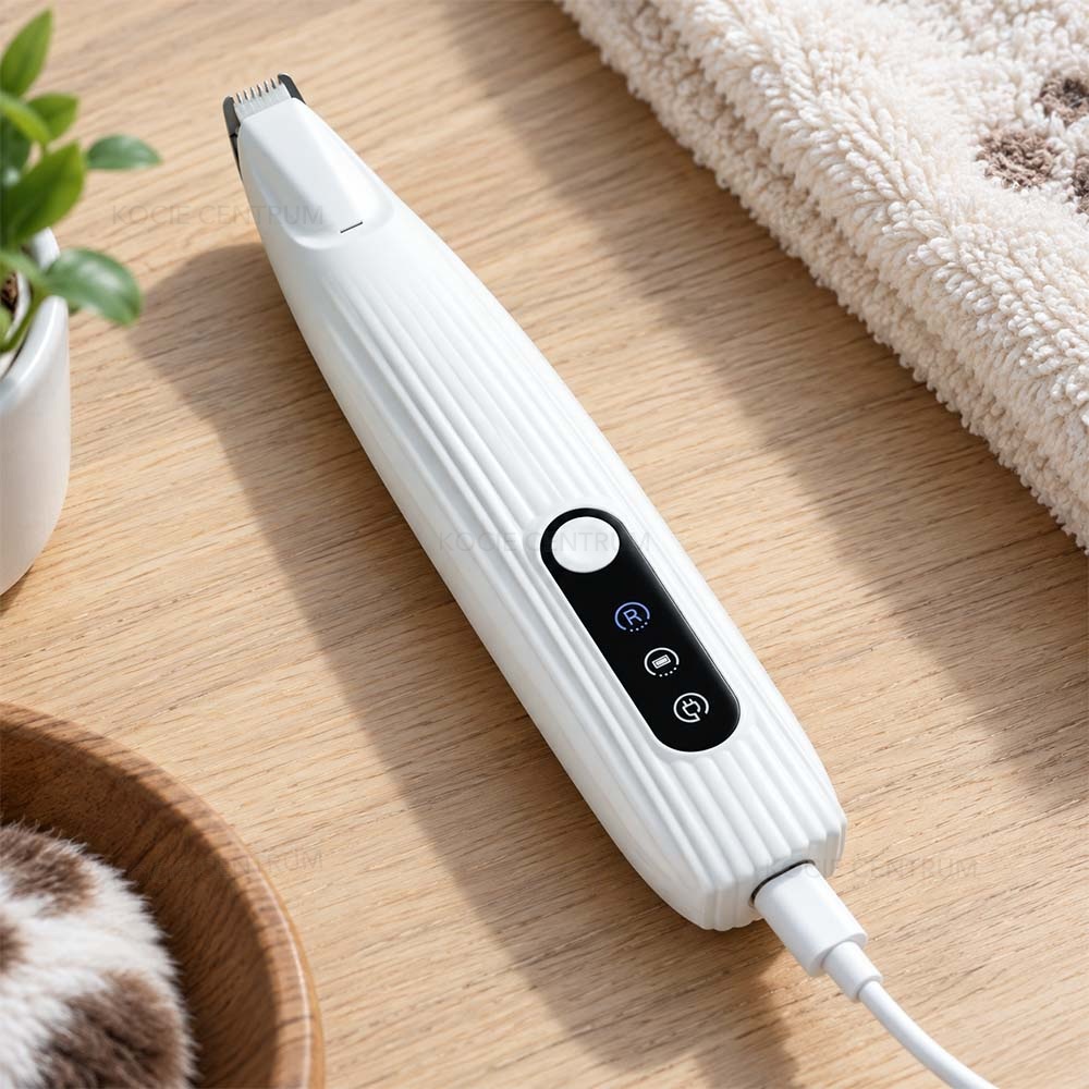 Trymer SoftGroom z podłączonym kablem USB-C na drewnianym blacie